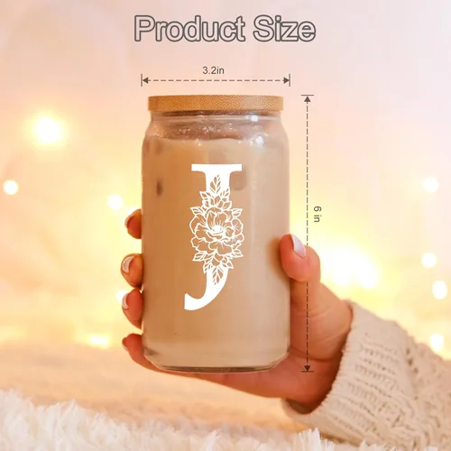 Miniatura 5 de Taza de Vidrio Inicial Coolife, Regalos Personalizados para Mujeres, Tazas de Vidrio de 16 oz con Tapas y Popotes, Taza de Café Helado, Batido