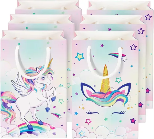 WERNNSAI 16 bolsas de regalo de unicornio – Suministros de fiesta de unicornio arco iris bolsas de regalos para niñas y niños, bolsa de cumpleaños