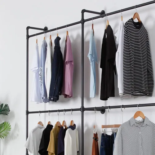 Miniatura 4 de Perchero industrial para ropa de tubería resistente, doble barra de armario, barras de ropa para colgar ropa, montaje en la pared, sistema