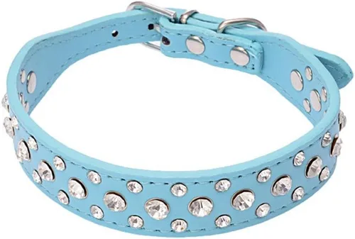 Miniatura 9 de Dogs Kingdom Collares de piel con diamantes de imitación personalizados de 12 a 20 pulgadas de longitud, para razas pequeñas y medianas, color azul