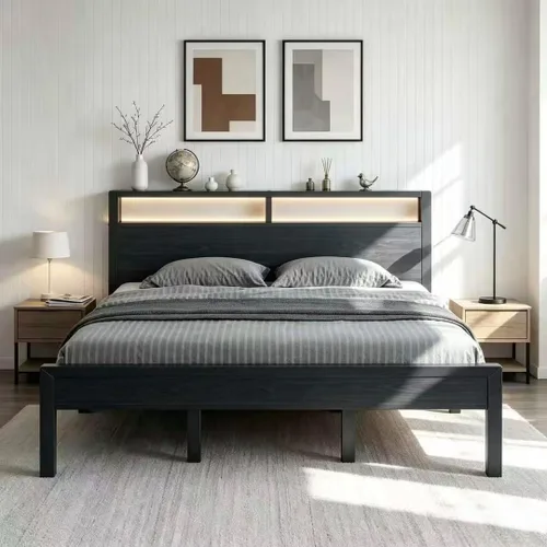 Miniatura 15 de LoVinson Full Size Bed Frame with Charging Station and LED Light, Metal Platform Bed with Storage Headboard, Noise Free, No Box Spring Needed, Easy