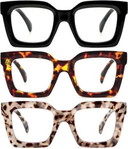 Miniatura 7 de REAVEE - Paquete de 3 gafas de lectura de marco grueso sobredimensionado para mujeres con bloqueo de luz azul, elegantes gafas de lectura