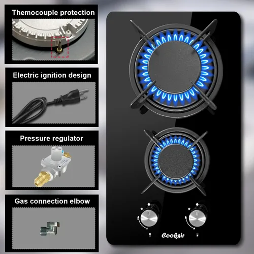 Miniatura 3 de encimera de gas de 30 cm (12 pulgadas), 2 quemadores, cocina de propano incorporada, encimera de cocina interior adecuada para combustible dual
