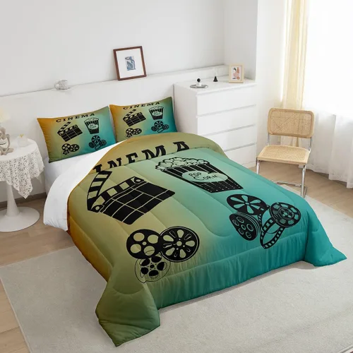 Miniatura 4 de Juego de edredón de cine tamaño individual, ropa de cama vintage de cine para niños, niñas y adultos, juego de edredón de palomitas de maíz