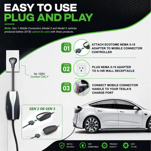Miniatura 2 de Adaptador NEMA 5-15 para cargador móvil Tesla Gen 2 y 3, para toma de corriente de 120 V, 12 amperios, compatible con el modelo 3, Y, X, S, ideal