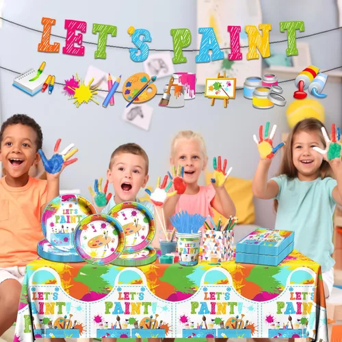 Miniatura 2 de Suministros para fiesta de pintura, juego de vajilla para fiesta de arte de 142 piezas incluye platos para fiesta de pintura y servilletas, manteles