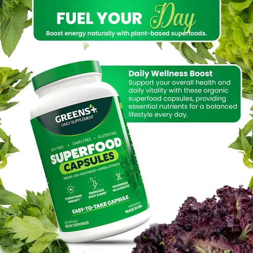 Miniatura 8 de Greens+ Superfood Organic Super Greens Cápsulas vegetales con clorela orgánica, espirulina, alfalfa y pasto de trigo, suplemento mezclado