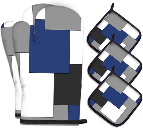 MCALK Juego de 5 guantes de horno y soportes para ollas color azul marino, guantes de horno negros y almohadillas calientes para cocina de cocina,