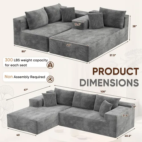 Miniatura 3 de VICTONE Sofás Seccionales Cloud de 108", Sofá Sin Huesos Modular en Forma de L con Asiento Profundo, Sofás Tapizados de Comodidad Moderna para Sala