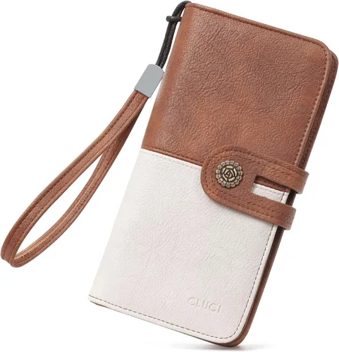 CLUCI Cartera grande de cuero para mujer, organizador de tarjetero, organizador largo para mujer, bolso de mano de viaje, Beige con marrón., Vintage