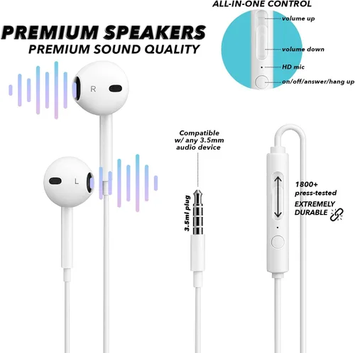 Miniatura 8 de Auriculares con cable con micrófono, auriculares intrauditivos de 0.138 in con control de volumen en línea, auriculares enchufables para portátiles