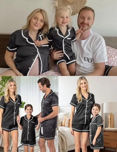 Miniatura 5 de SWOMOG Conjunto de pijama de satén de seda para mujer, ropa de dormir de manga corta, suave, con botones, 2 piezas, pijama de encaje