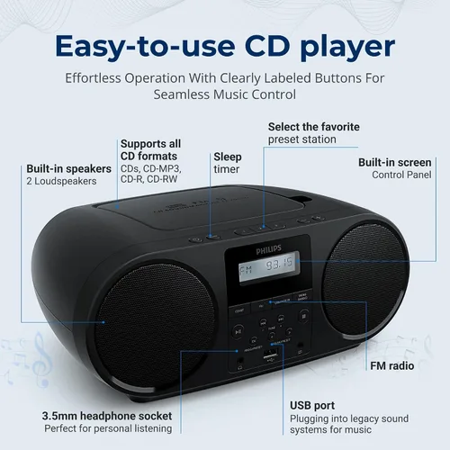 Miniatura 4 de Philips Reproductor de CD portátil Boombox con Bluetooth, radio FM, altavoces Dynamic Bass Boost, entrada USB/auriculares/auxiliar, reproductor