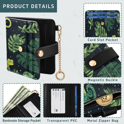 Miniatura 5 de Qilmy Green Chameleons Compact Women's Wallet - RFID Blocking Bifold Card Case PU Leather Slim Travel Wallet with Zipper Coin Pocket, ID Window &