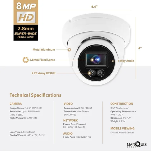 Miniatura 3 de Marquis Cámara domo de torreta IP PoE de 8MP con micrófono/audio, cámara de seguridad IP para exteriores, visión nocturna IR de 98 pies, impermeable