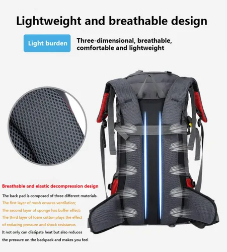 Miniatura 7 de Bseash Mochila impermeable de 60 L para senderismo y campamento con cubierta para lluvia, mochila grande para deportes al aire libre, mochila