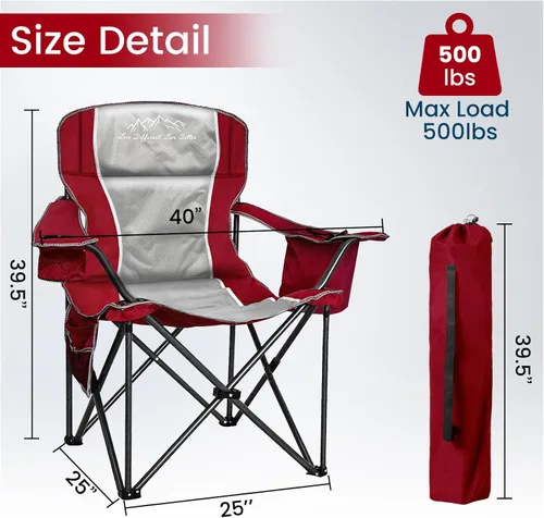 Miniatura 3 de Silla de campamento de gran tamaño, capacidad de 500 libras para personas grandes y altas, silla plegable acolchada extra ancha para personas