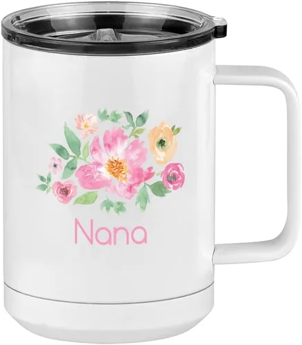 Miniatura 8 de Just So Posh Abuela Flowers - Vaso de café con asa y tapa deslizante, color blanco de 15 onzas, color camello polar, acero inoxidable, aislado al