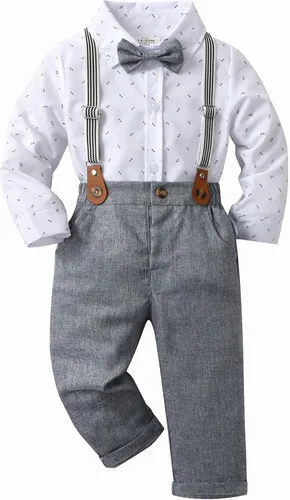 Miniatura 46 de Conjunto de pantalones para bebé, camisa de manga larga + pantalones + corbatín + tirantes, trajes de caballero para niños pequeños