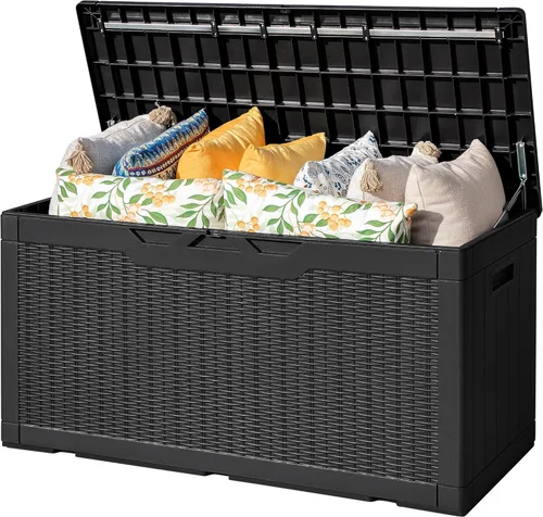 Miniatura 10 de Flamaker Caja de almacenamiento para exteriores de 80 galones, caja de resina impermeable para cubierta con textura de madera, caja de entrega