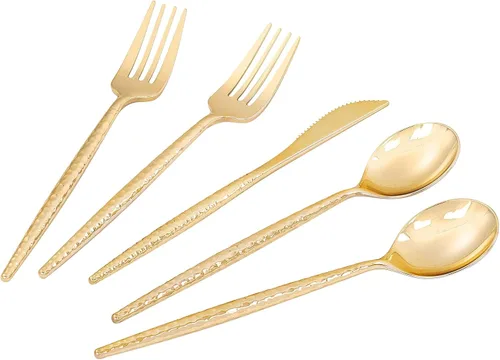 Miniatura 10 de LIYH - 102 cubiertos de plástico dorado desechables, utensilios de plástico dorado resistentes, cubiertos desechables que incluyen cuchillos