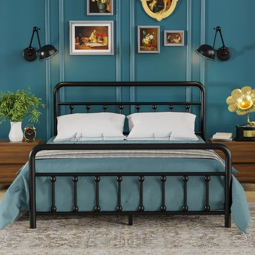 Miniatura 9 de Flolinda Base de cama clásica de plataforma metálica de tamaño matrimonial con estilo victoriano, marco de cama matrimonial con listones de acero