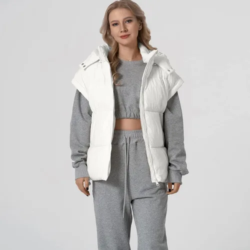 Miniatura 47 de Shiyifa Chaleco acolchado para mujer, chaqueta de gran tamaño, sin mangas, ligera, con cremallera, con capucha desmontable