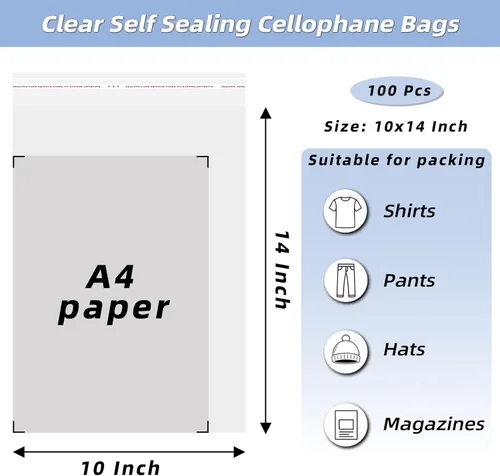 Miniatura 2 de Bolsas de plástico de celofán resellables transparentes autoadhesivas para embalaje de camisas, ropa y productos, 100 bolsas de celofán