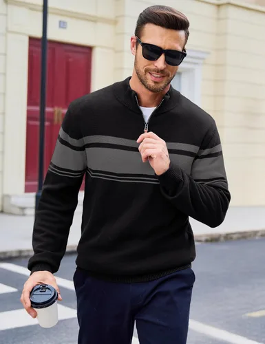 Miniatura 14 de MAGCOMSEN Suéteres de algodón con cremallera de 1/4 para hombre, suéter tipo polo, a rayas, para otoño e invierno, sudaderas cálidas
