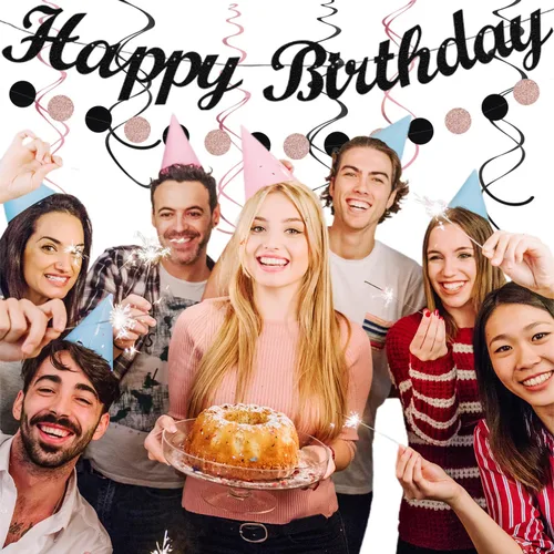 Miniatura 7 de Cartel de feliz cumpleaños rosa y negro para decoración de fiesta – 31 piezas de oro rosa 14º 40º para mujeres y niñas, faroles de papel