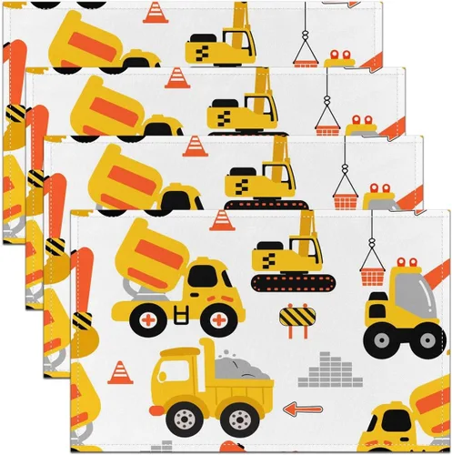 jejeloiu Juego de 4 manteles individuales de construcción, manteles individuales de mesa de camiones con diseño de dibujos animados, excavadora de