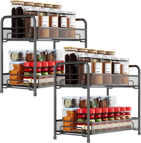 Miniatura 9 de Organizador de especias para encimera, plegable de metal de 2 niveles, a prueba de óxido, estante grande de almacenamiento de condimentos