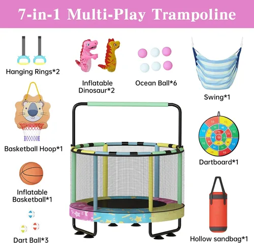 Miniatura 8 de Lamerge Kids Trampoline, Toddler Bouncing Trampoline with Safety Enclosure Net, ASTM-Approved, 500lbs Capacity, Ages 1-8, Adjustable Handrail