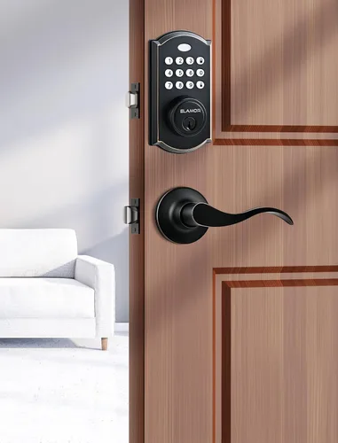 ELAMOR M19 - Cerradura de puerta de entrada sin llave con 2 manijas de palanca, bloqueo automático, 50 códigos de usuario, cerradura de puerta