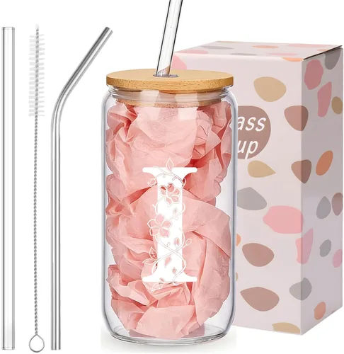 Miniatura 15 de Regalos personalizados para mujeres, tazas de vidrio con monograma con tapas y pajitas, regalos personalizados para mujeres, vasos de café helado