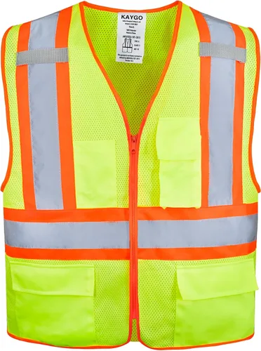 KAYGO Chaleco de seguridad con bolsillos - Chaleco reflectante de alta visibilidad ANSI Clase 2 Chaleco de construcción Amarillo