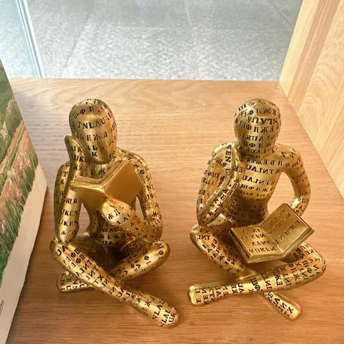 Miniatura 8 de Estatua de Pensador de Lectura Dorado Antiguo, Juego de 2 Decoración de Estantería Arte Abstracto Esculturas de Pensador, Figurilla Estética Moderna