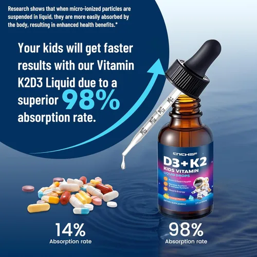 Miniatura 5 de Gotas de vitamina D3 K2 para niños, suplemento líquido con magnesio para absorción de calcio, salud de las articulaciones, dientes y corazón, sin
