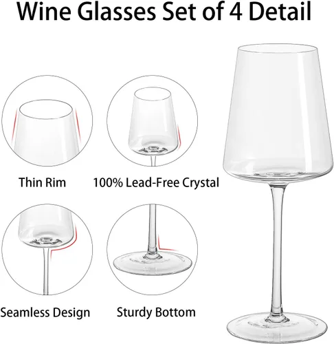 Miniatura 4 de Juego de 4 copas de vino de 13.5 onzas, cristal transparente sin plomo soplado a mano, tallo largo, cuadrado, copa de vino tinto para boda