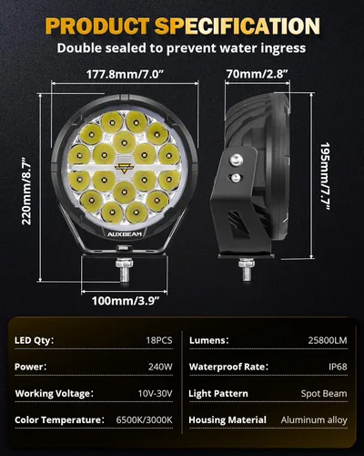 Miniatura 7 de Auxbeam Serie RAY-L - Barra de luz LED redonda de 7 pulgadas para todo terreno con haz puntual blanco/ámbar DRL de 240 W, luces todoterreno para 4x4
