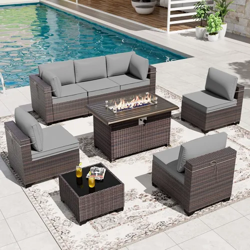 Miniatura 50 de Gotland Juego de muebles de patio de 8 piezas con mesa con fogón, muebles de ratán para exteriores para todo tipo de clima con respaldo alto de 2