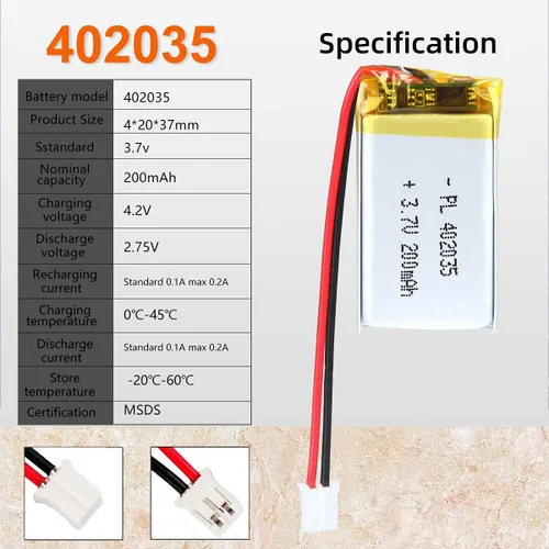 Miniatura 3 de 3.7V 200mAh 402035 Lipo batería recargable batería de iones de polímero de litio con conector JST