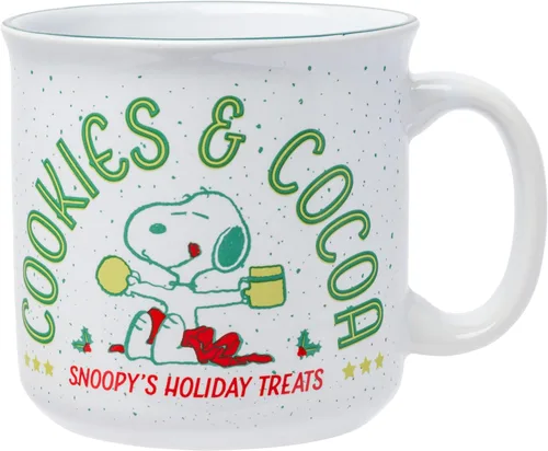 Silver Buffalo Snoopy de Navidad de Peanuts, galletas y cacao, delicias festivas de Snoopy, taza grande de cerámica estilo cámper, 20 onzas Peanuts
