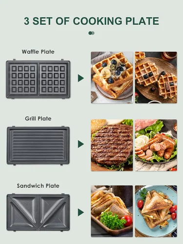 Miniatura 2 de Reemix Máquina 3 en 1 para Waffles, Parrilla y Sándwiches, Prensa Panini y Plancha para Waffles con Placas Antiadherentes Removibles, Perfecta