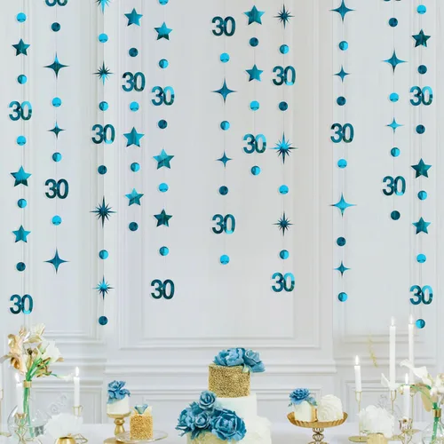Guirnalda de cumpleaños número 30 azul acuático para mujer, punto circular con estrella, guirnalda metálica para colgar banderines, banner, telón de
