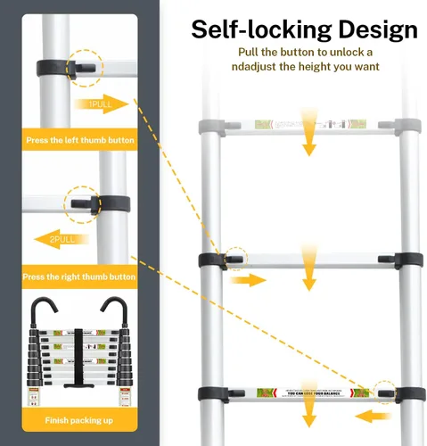 Miniatura 5 de Escalera Telescópica, Escalera Telescópica de Aluminio RIKADE de 8.5 Pies con Pies Antideslizantes y Gancho Estable, Escalera de Extensión Portátil