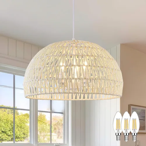 Miniatura 12 de Ayshwill Dec Lámpara de araña negra tejida estilo boho de ratán y mimbre con cúpula, lámpara colgante para comedor, dormitorio, isla de cocina