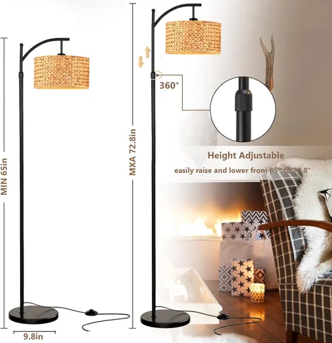 Miniatura 8 de QIYIZM Lámpara de pie para sala de estar, dormitorio, estilo granja, arco, ratán, boho, lámpara de pie con control remoto regulable, pantalla