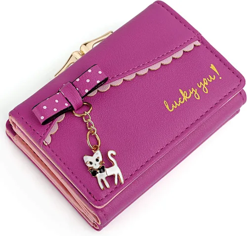 Miniatura 6 de UTO - Billetera para niñas de cuero vegano, lindo gato colgante, organizador de tarjetas, monedero para mujeres, Zoe Rose Red, S