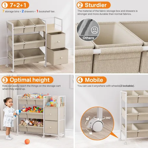 Miniatura 4 de Modanais Organizadores de juguetes y contenedores de almacenamiento para niños, 7 contenedores de almacenamiento + 2 cajones de tela + 1 estantería